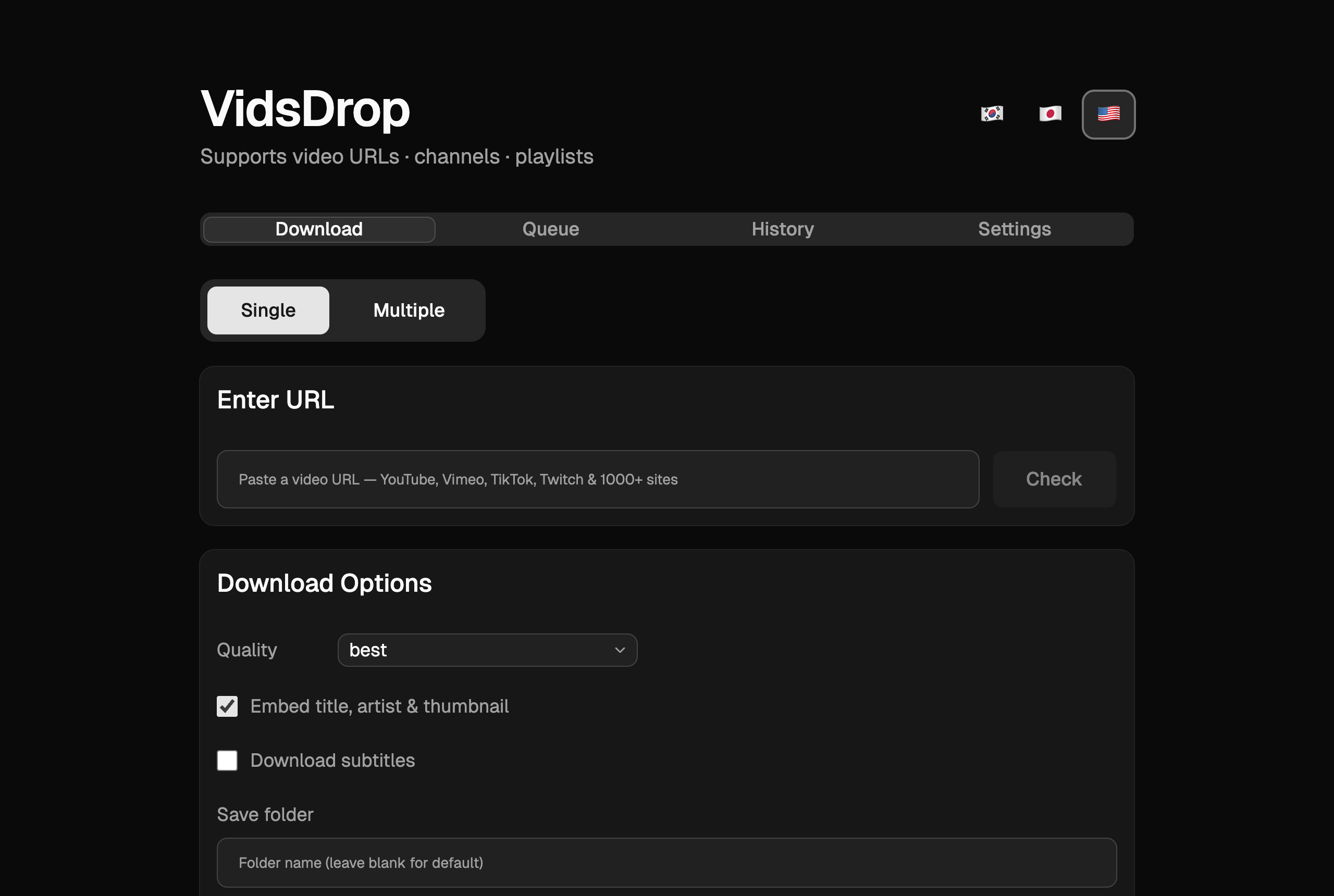 VidsDrop app showing the download tab with quality and audio options