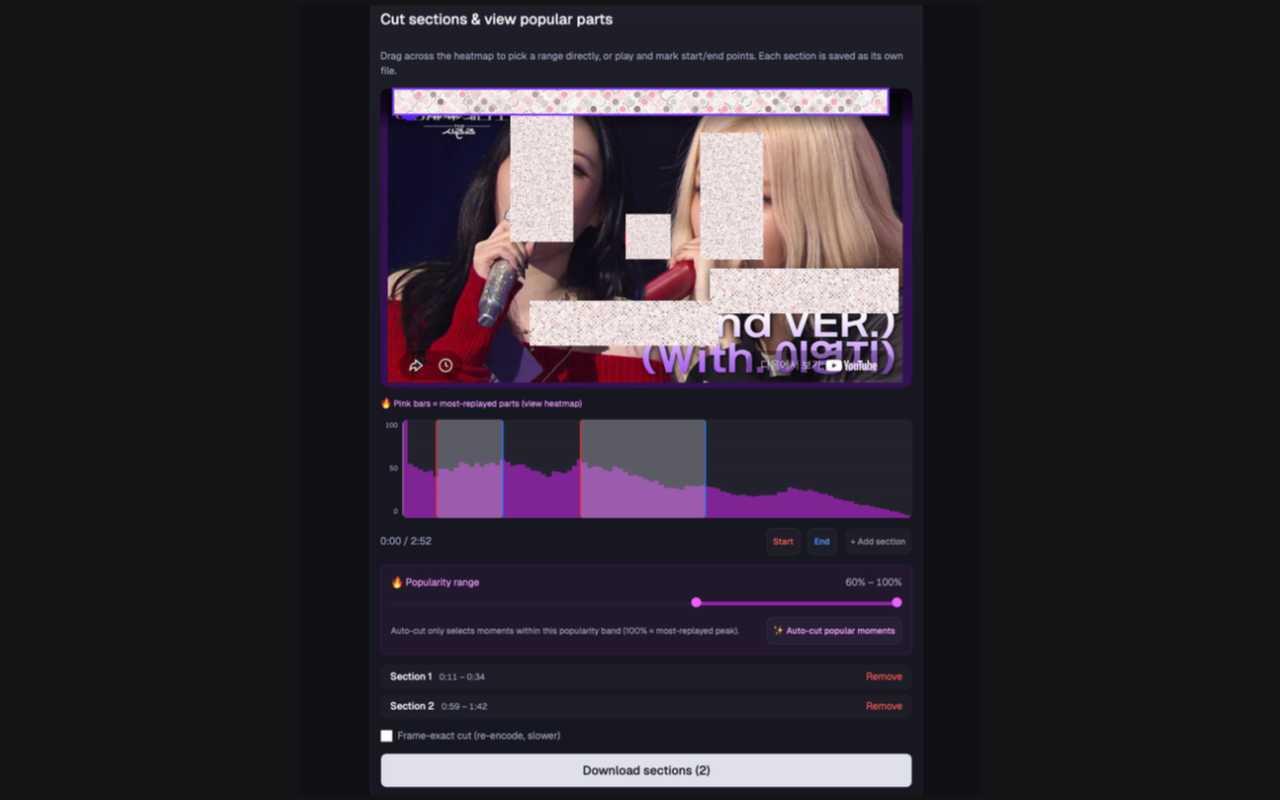 Editor de clips de VidsDrop mostrando el mapa de calor de repeticiones y las secciones seleccionadas