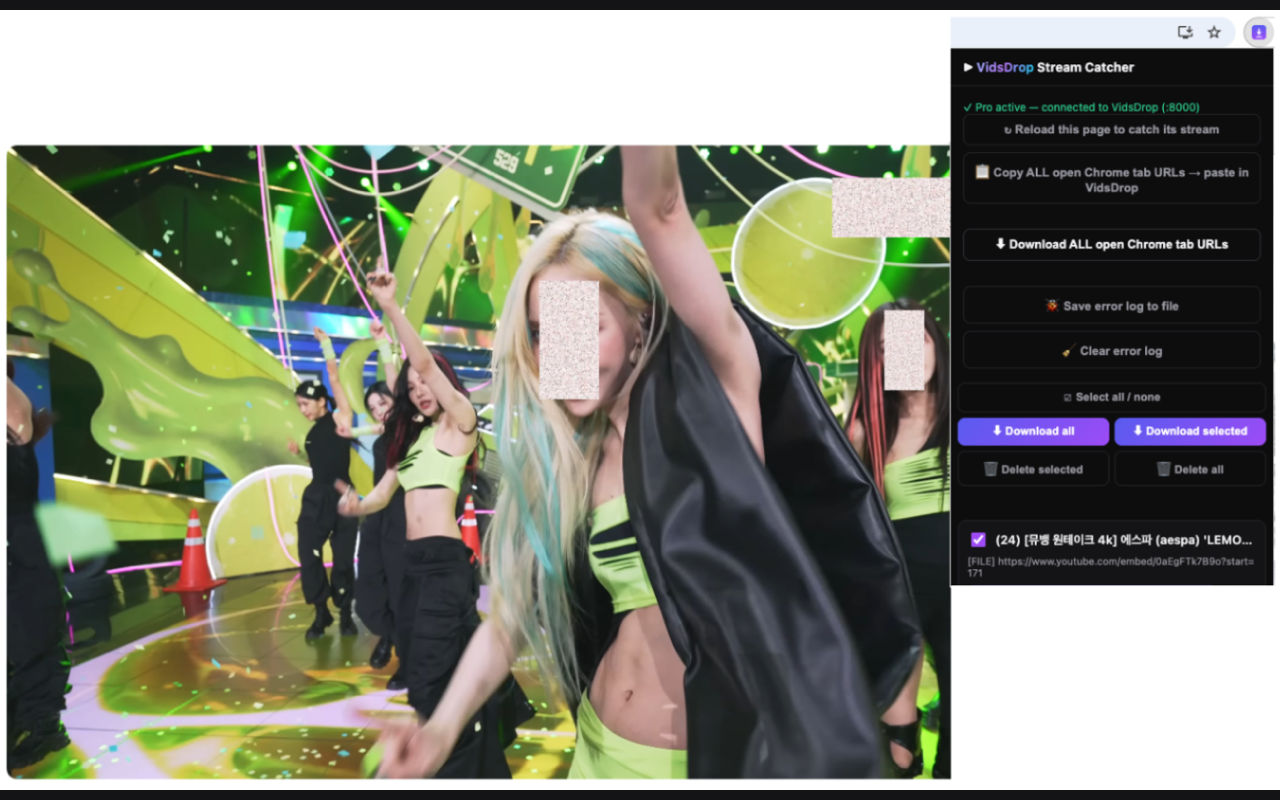 Ventana emergente de la extensión de navegador de VidsDrop capturando un stream de video