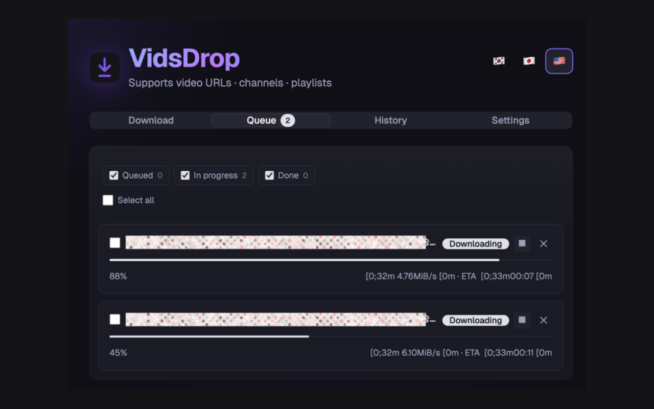 Cola de VidsDrop descargando varios videos en paralelo con barras de progreso