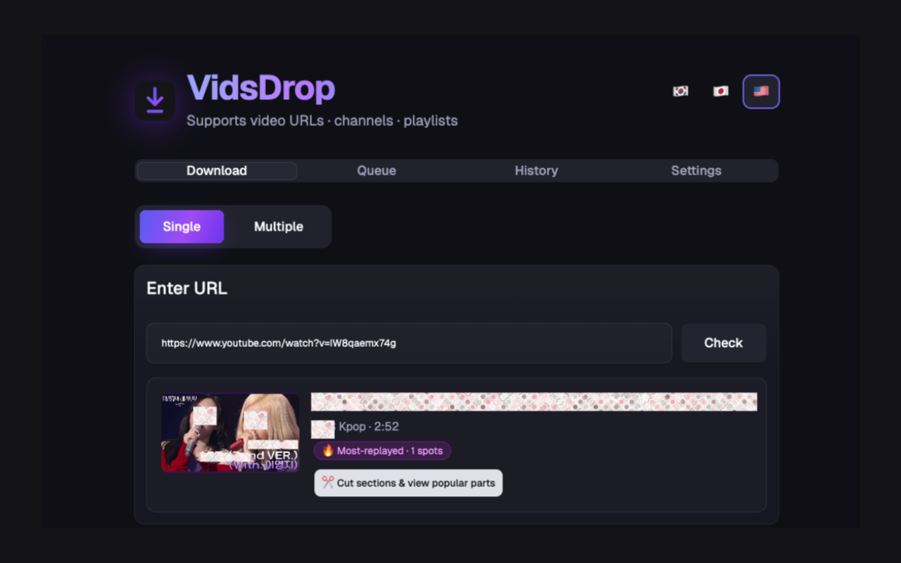 Pantalla de descarga individual de VidsDrop con opciones de calidad y audio